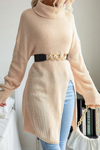 Casual Simplicity Solid Slit Turtleneck Tops(No Belt)