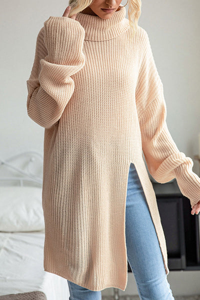 Casual Simplicity Solid Slit Turtleneck Tops(No Belt)