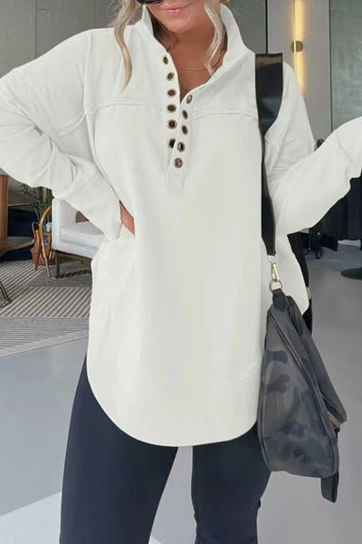 Casual Simplicity Solid Buckle Mandarin Collar Tops