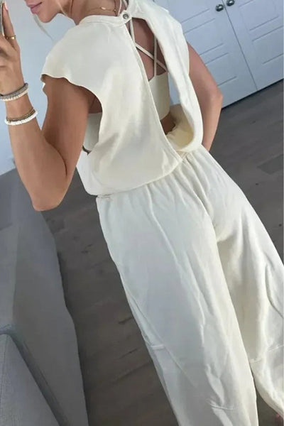 Casual Simplicity Solid Pocket Frenulum Backless O Neck Loose Jumpsuits