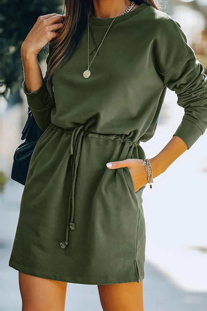 Casual Solid Draw String Pocket O Neck Long Sleeve Dresses