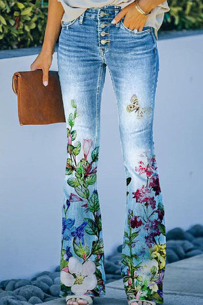 Casual Floral Pocket Regular Denim Jeans