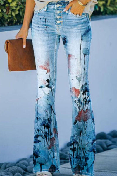 Casual Floral Pocket Regular Denim Jeans