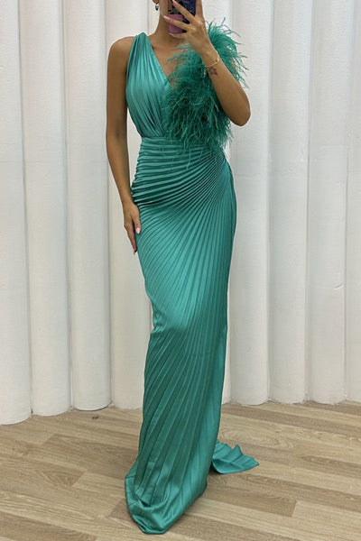 Sexy Solid Patchwork Pleated V Neck Long Dress Dresses