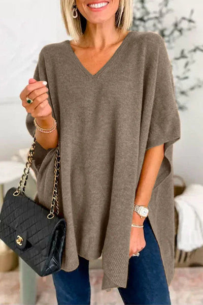 Casual Simplicity Solid Slit V Neck Tops