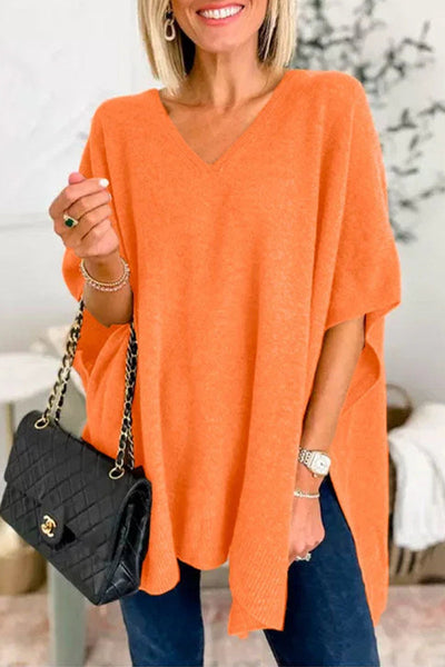 Casual Simplicity Solid Slit V Neck Tops