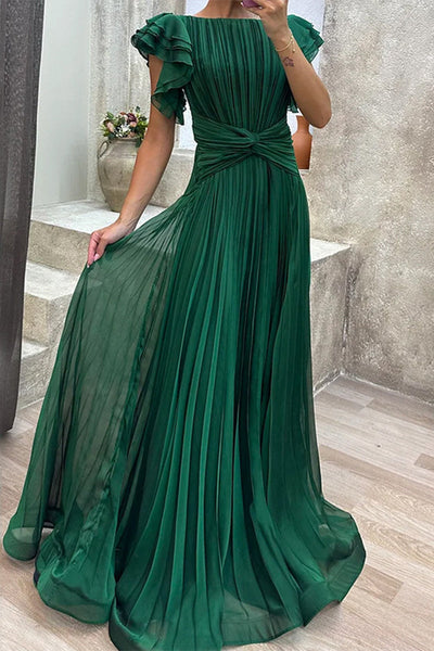 Elegant Solid Fold O Neck Waist Skirt Dresses