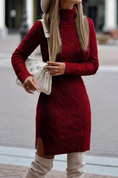 Elegant Solid Slit Weave Turtleneck Long Sleeve Dresses