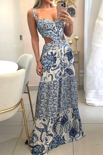 Sexy Bohemian Print Backless V Neck Printed Dress Dresses