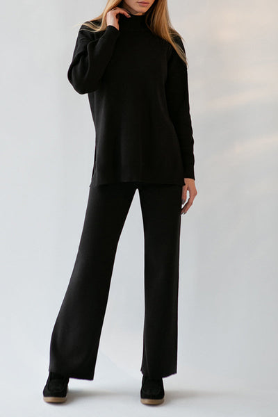 Casual Simplicity Solid Slit Half A Turtleneck Long Sleeve Two Pieces