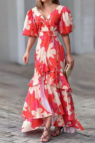 Elegant Floral Patchwork V Neck Printed Dress Dresses