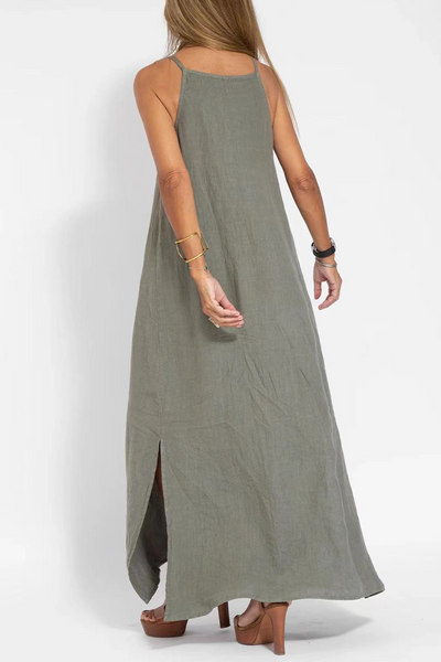 Casual Simplicity Solid Slit O Neck Sleeveless Dress Dresses