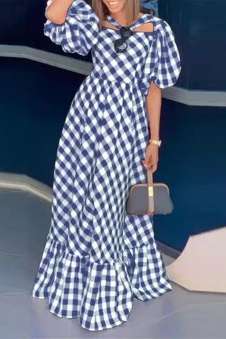 Elegant Plaid Contrast V Neck A Line Short Sleeve Dress