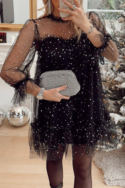 Sweet Cute Solid Patchwork Sequined O Neck Long Sleeve Dresses