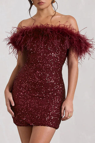 Sexy Solid Sequins Feathers Off the Shoulder Wrapped Skirt Dresses