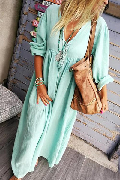 Solid V Neck Long Sleeve Loose Maxi Dress - girlyrose.com