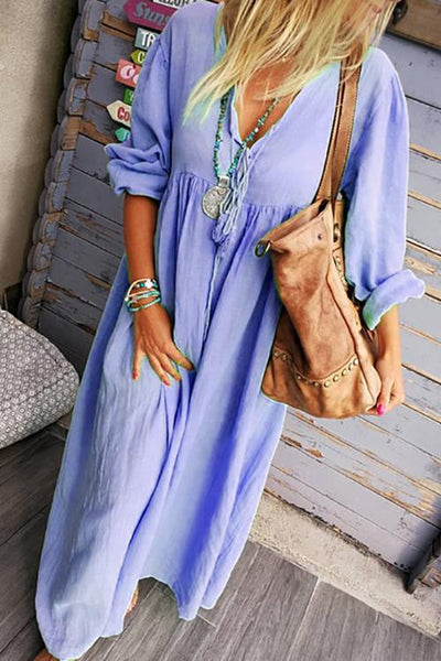 Solid V Neck Long Sleeve Loose Maxi Dress - girlyrose.com