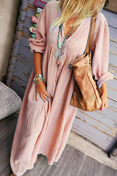 Solid V Neck Long Sleeve Loose Maxi Dress - girlyrose.com