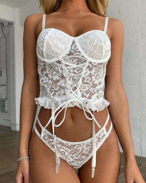 Lace Plain Spaghetti Strap Lingerie Set - girlyrose.com