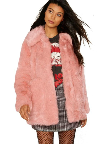 WOMEN FAUX FUR LONG SLEEVE TURN-DOWN COLLAR