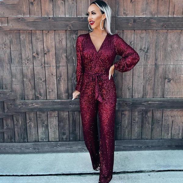 Plain deep v neck strappy sequins jumpsuit