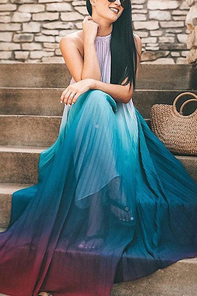 Gradient Color Halter Neck Backless Maxi Dress - girlyrose.com