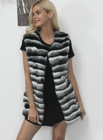 Women Crewneck Waistcoat Stripes Faux Fur Waistcoat