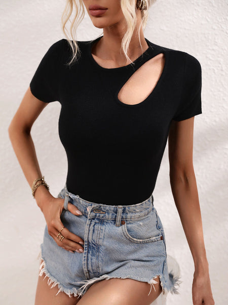 JULISSA RIBBED CUT-OUT KNIT TOP - BLACK