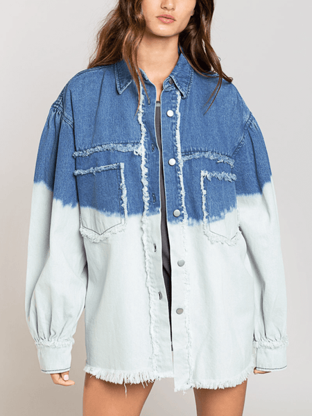 TIE-DYED COLOR BLOCK FRAYED DENIM SHACKET - BLUE