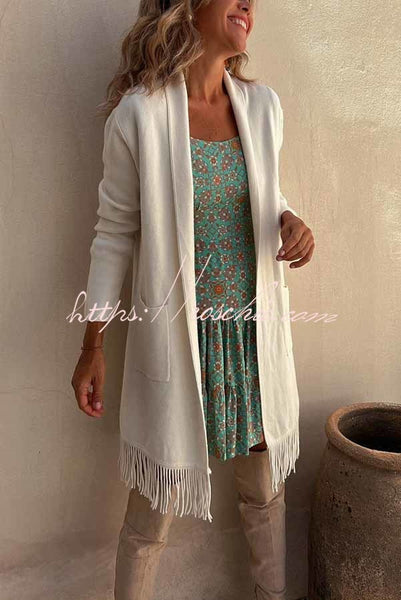 Like Totally Fringe Hem Pocketed Long Sleeve Midi Cardigan