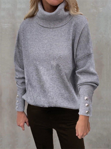 Casual Loose Knit Sweater with High Collar and Long Sleeve In Solid Color-Corachic