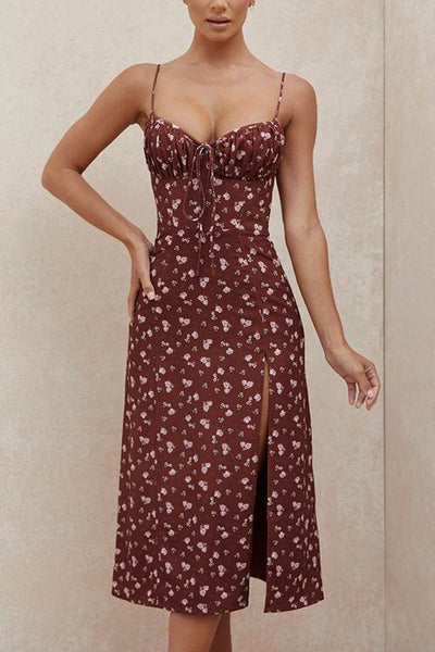 Floral Print Slit Slip Dress - girlyrose.com