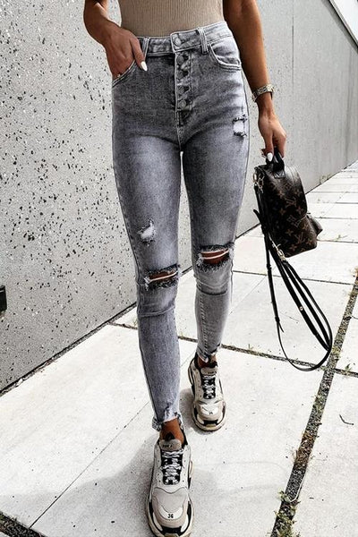 Grey Ripped High Waist Skinny Jeans - girlyrose.com