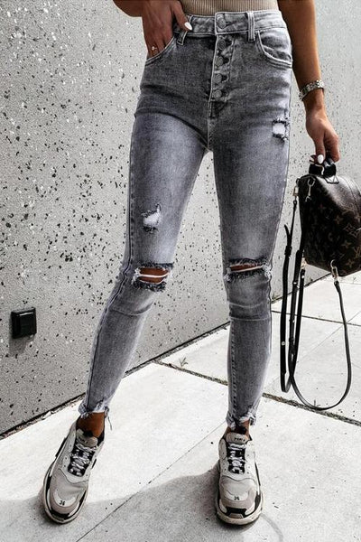 Grey Ripped High Waist Skinny Jeans - girlyrose.com