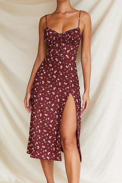 Floral Print Slit Slip Dress - girlyrose.com