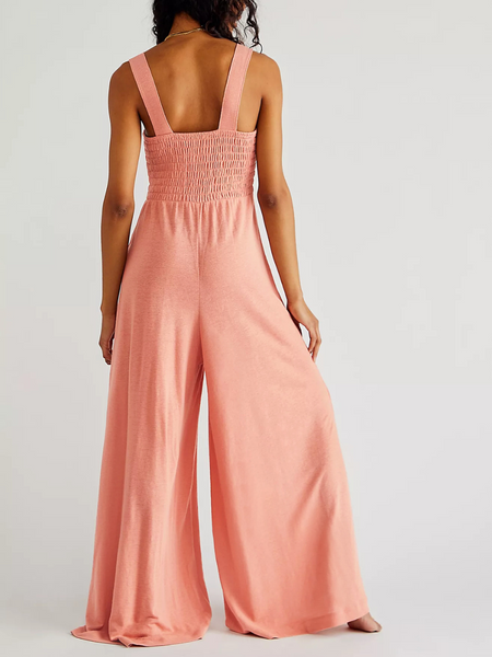 SHORE VACAYS SMOCKED POCKETED WIDE LEG JUMPSUIT - PINK