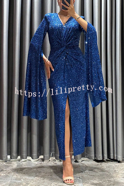 Spotlight Darling Sequin Cape Sleeve Cross Waist Slit Evening Midi Dress