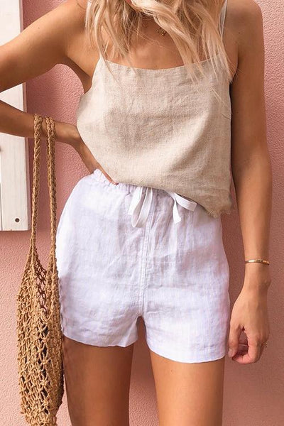 Pockets Drawstring Linen Shorts - girlyrose.com