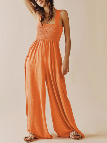 SHORE VACAYS SMOCKED POCKETED WIDE LEG JUMPSUIT - ORANGE