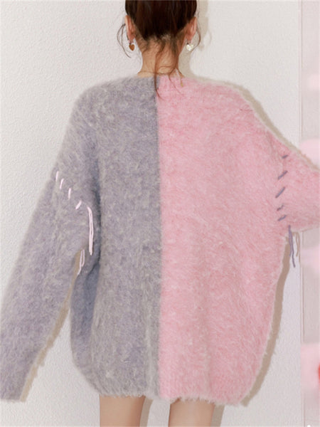 Colorblock Crochet Loose Slouchy Design Knitted Sweater