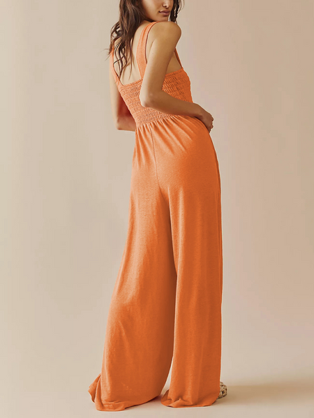 SHORE VACAYS SMOCKED POCKETED WIDE LEG JUMPSUIT - ORANGE