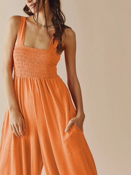 SHORE VACAYS SMOCKED POCKETED WIDE LEG JUMPSUIT - ORANGE