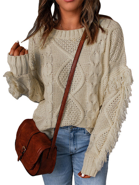 Loose-fitting Turtleneck Fringe Solid Color Pullover Knit Sweater for Women-Corachic