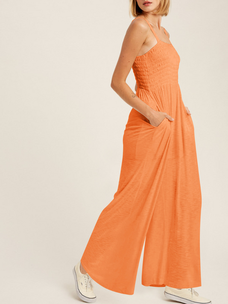 SHORE VACAYS SMOCKED POCKETED WIDE LEG JUMPSUIT - ORANGE