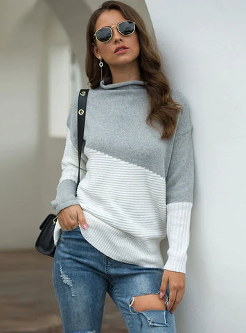 IRREGULAR SLEEVE CONTRAST COLOR PULLOVER SWEATER