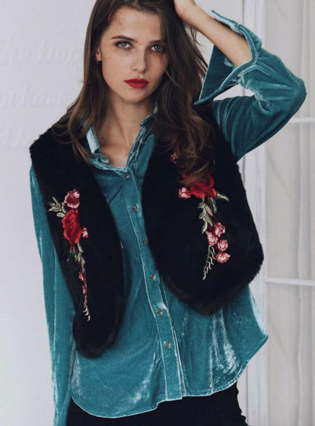 Short Embroidered Faux Fur Waistcoat