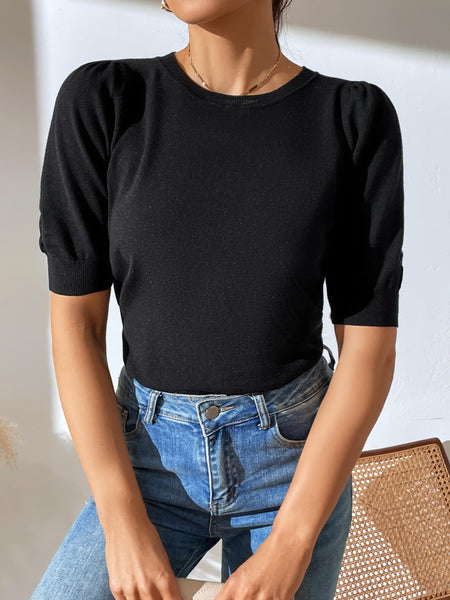 HALO SHORT SLEEVE COTTON BLEND KNIT TOP - BLACK