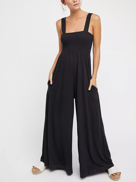 SHORE VACAYS SMOCKED POCKETED WIDE LEG JUMPSUIT - BLACK