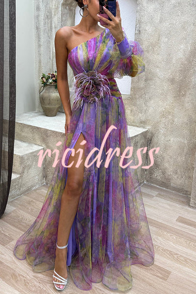 Picturesque Beauty Tulle Floral Pleated One Shoulder Sleeve Slit Maxi Dress