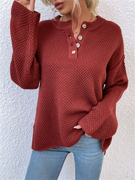 Casual Solid Color Sweater with Round Neck and Buttons-Corachic